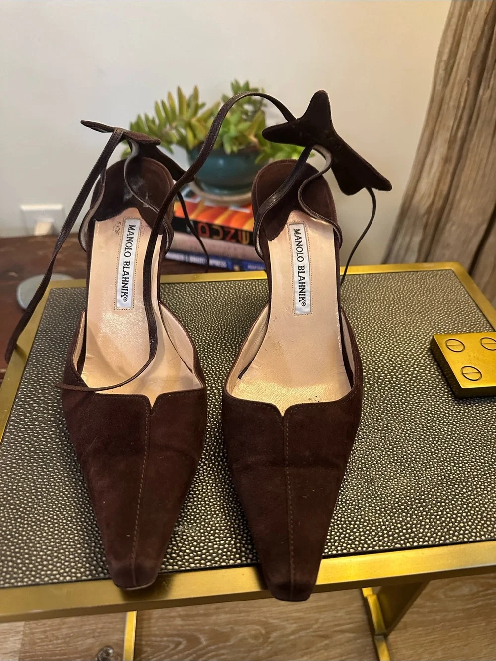 Manolo Blahnik Dark Brown Suede Pointed Toe Ankle Tie Pumps